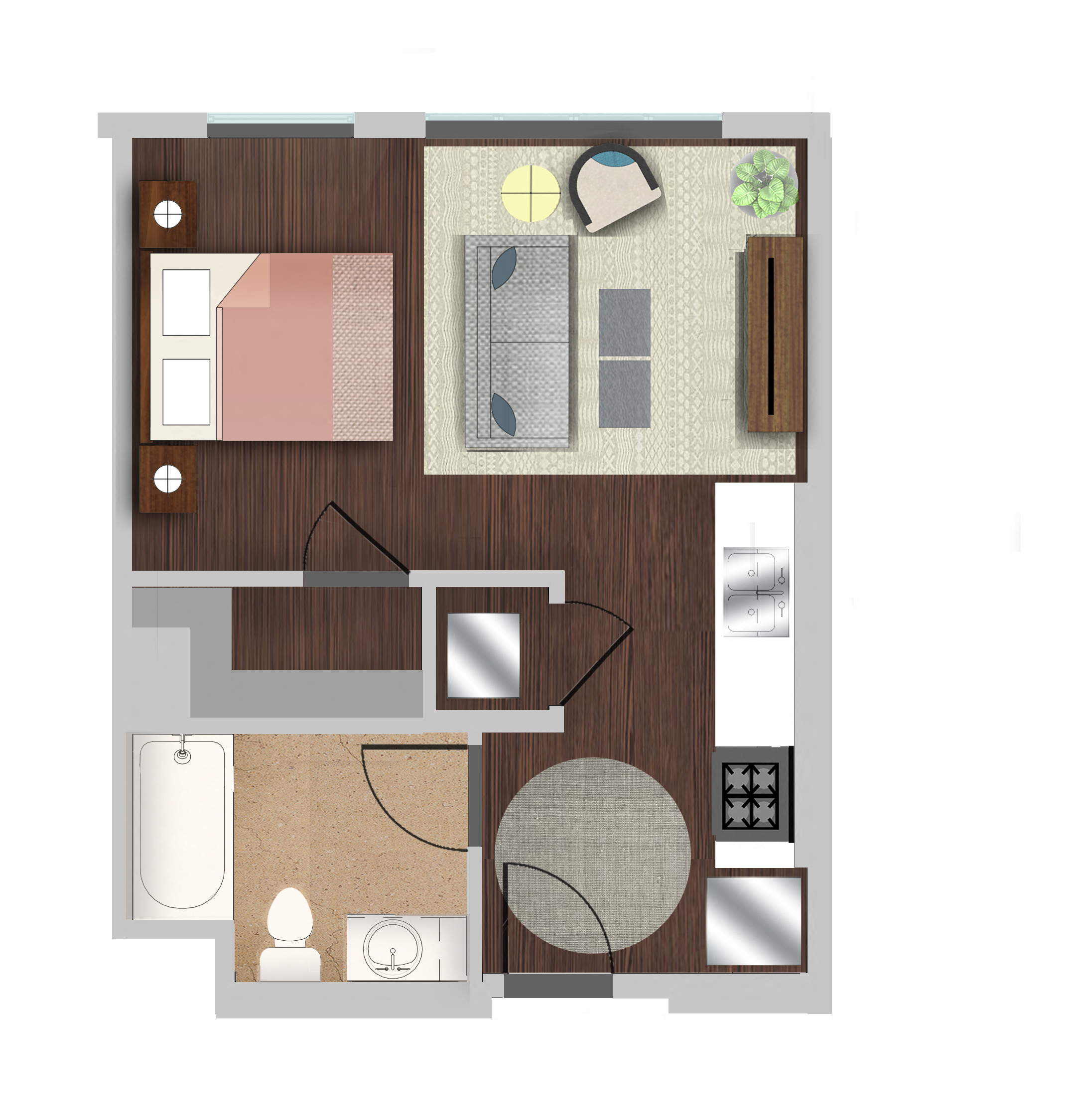 Floor plan for studio, 1 bath, 445 sqft